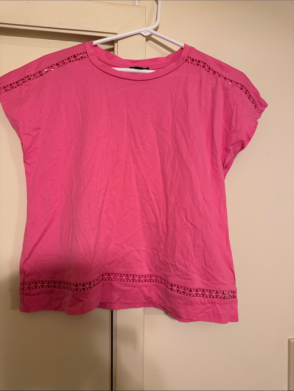 Ann Taylor Bright Pink Crochet-Trim Short Sleeve Tee